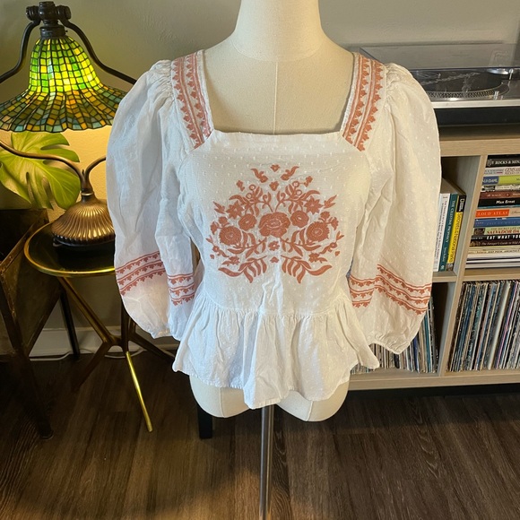 Pink Embroidery White Voluminous Sleeve Peasant Top - Picture 5 of 5